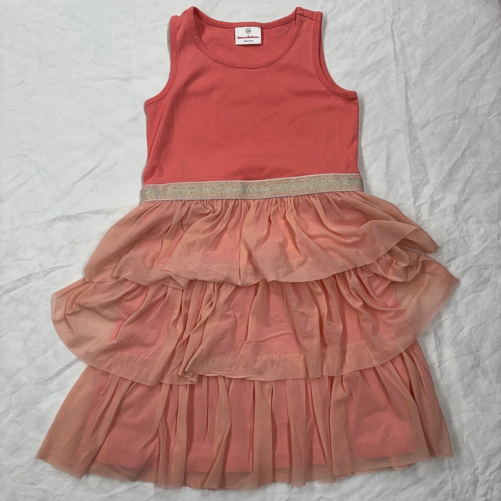 Hanna Andersson Swish Dress Orange Coral Tiered Tulle Ruffle Tank 130 Girls Sz 8